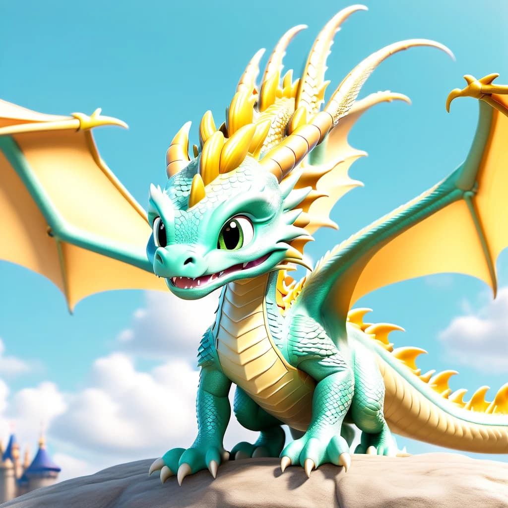 3D dragon child flies in full height, facing the viewer, the dragon looks at the viewer, rounded paws and facial features, the dragon is pale orange, the picture is in pastel colors, a kind dragon in Disney style, the dragon is illuminated from all sides, the dragon is turned to the viewer. The viewer, the image of the dragon is made in pastel colors. the dragon looks into the camera, painted scales on the dragon's skin, funny facial expressions, minimalism, direct soft light.