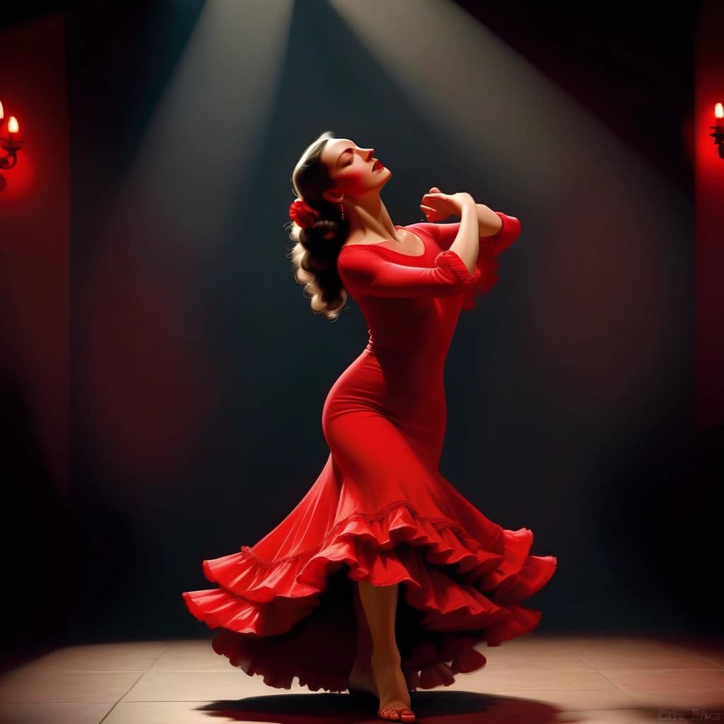 flamenco dance, beautiful
brunette girl, dancing flamenco, passionately, in love, gracefully, beauty, she is wearing a red dress, muted intimate light, complex steps, castanets, the audience is visible around in the semi-darkness