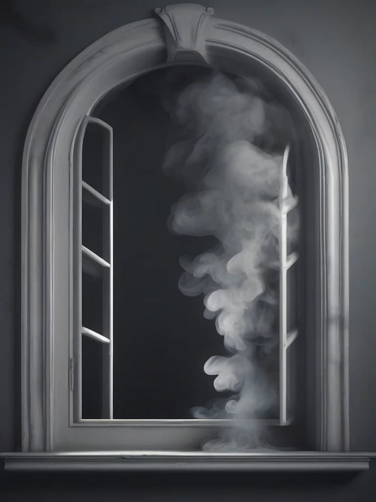 Grey thick smoke in smooth tones depicts the melting figure of a window against a wall with smoke streaming down it. Strong contrast of dramatic colors, 4k, high quality and detail. Flickering light, perfect composition, beautifully detailed intricate insanely detailed octane render trend on artstation, 8 k art photography, photorealistic concept art, soft natural volumetric cinematic perfect light, chiaroscuro, award - winning photograph, masterpiece, oil on canvas, raphael, caravaggio, greg rutkowski, bipple, bexinski, hyger
