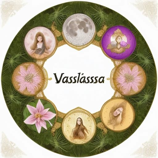 A fairy tale style logo for "Vasilisa's Treasures" workshop. At the center, there is a magical tree with branches forming a circle,surrounded by flowers and grass. On the branches, there are soft flowers and symbols representing different "magical candles" (heart, star, moon, and whirlpool). Under the tree, the name "Vasilisa's Treasures" is written in an elegant script, highlighted in gold or silver color. Around the name, there are soft decorative elements.