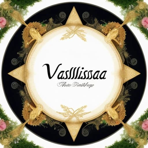 A fairy tale style logo for "Vasilisa's Treasures" workshop. At the center, there is a magical tree with branches forming a circle,surrounded by flowers and grass. On the branches, there are soft flowers and symbols representing different "magical candles" (heart, star, moon, and whirlpool). Under the tree, the name "Vasilisa's Treasures" is written in an elegant script, highlighted in gold or silver color. Around the name, there are soft decorative elements.
