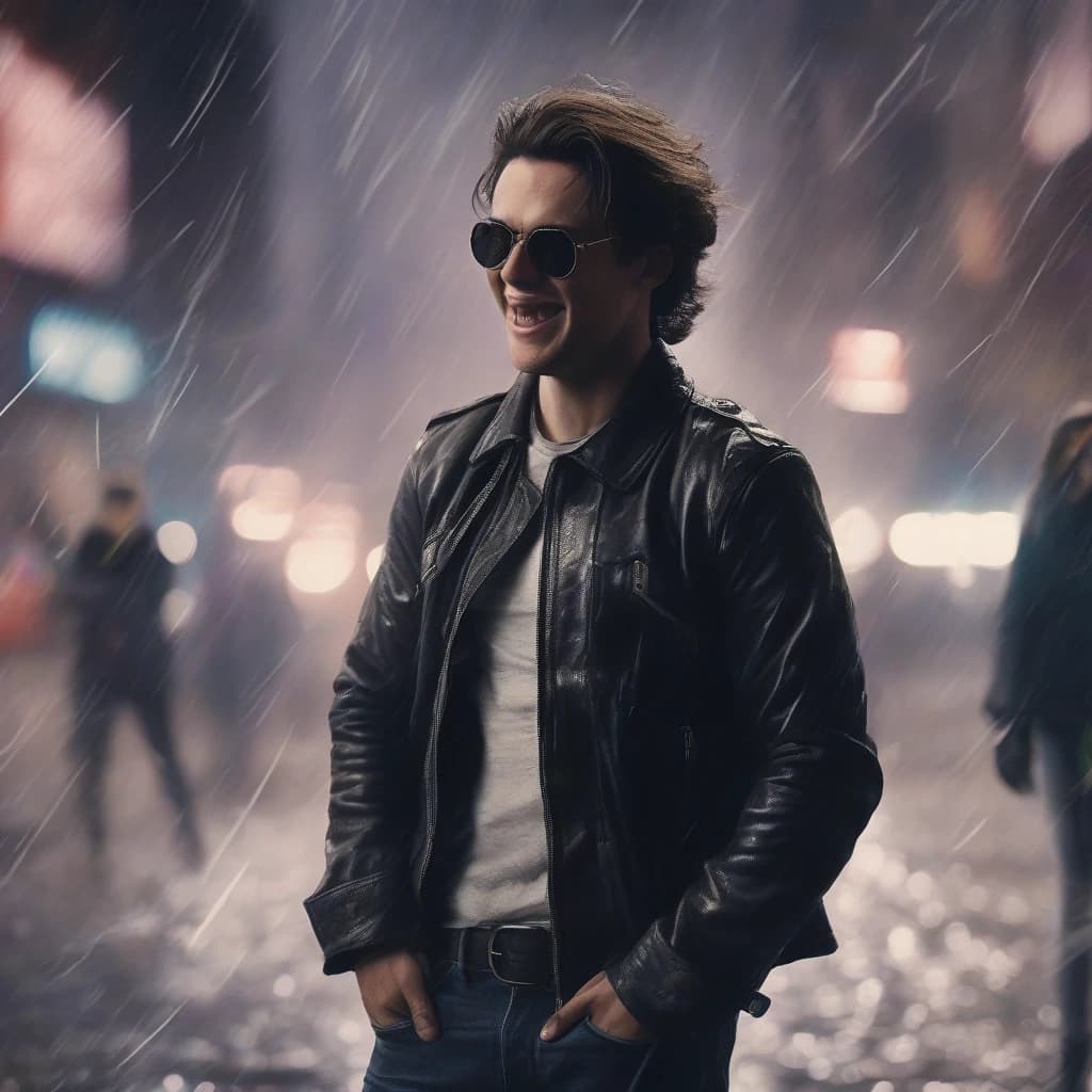A young man with shoulder-length hair and wearing dark glasses is seen laughing angrily, with his arms crossed over his chest. His hair has a gray streak, and he is wearing a black leather jacket and dark clothing. The scene is set in the midst of swirling chaos, with thunderstorms and lightning flashing in the background.
