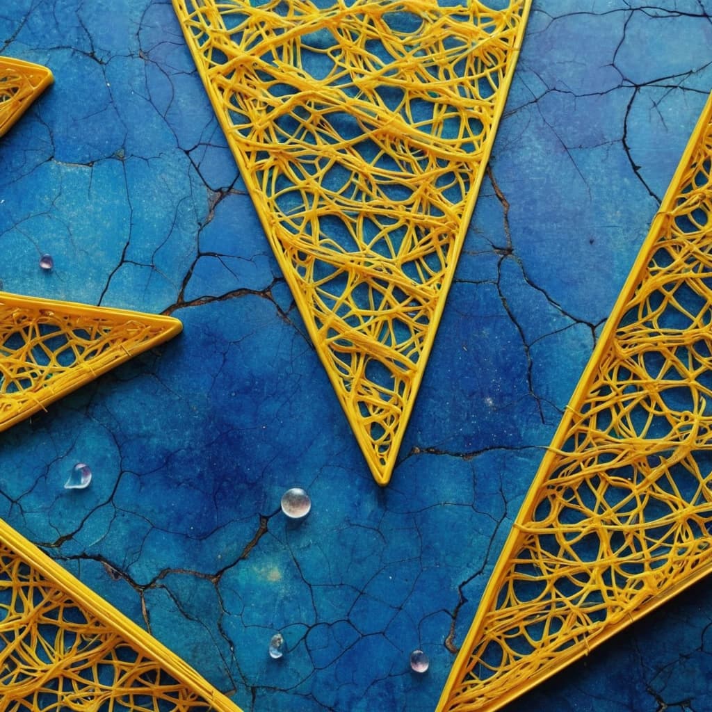 A visual world depicted with very minimalistic elements, but everything is meticulously crafted and detailed blending Bio Art, Watercolor Digital Art, and Eco Art styles. In the cosmic background, a delicate, blue, cracked plastic table is enveloped by a vibrant, yellow, zigzagging wire mesh. The overall image should evoke a sense of harmony between technology and nature, with the plastic's fragility contrasting the resilience. Incorporate subtle, organic details throughout the composition to emphasize the interconnectedness of all living beings. Use bold, expressive brushstrokes characteristic of Watercolor Digital Art to capture the vibrant colors and delicate textures. Embedding microorganisms or biomolecules into the table's cracks could further enhance the Bio Art aspects. Out-of-focus, distant stars and galaxies shimmering in the background would add a sense of depth and vastness