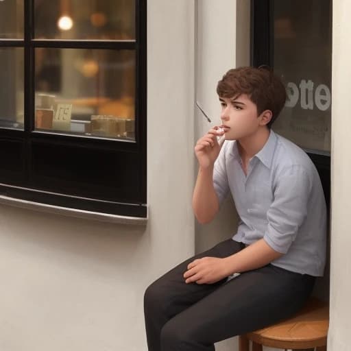 a young guy is sitting and looking at the street from a cafe, he is smoking, a beautiful girl passes by the window