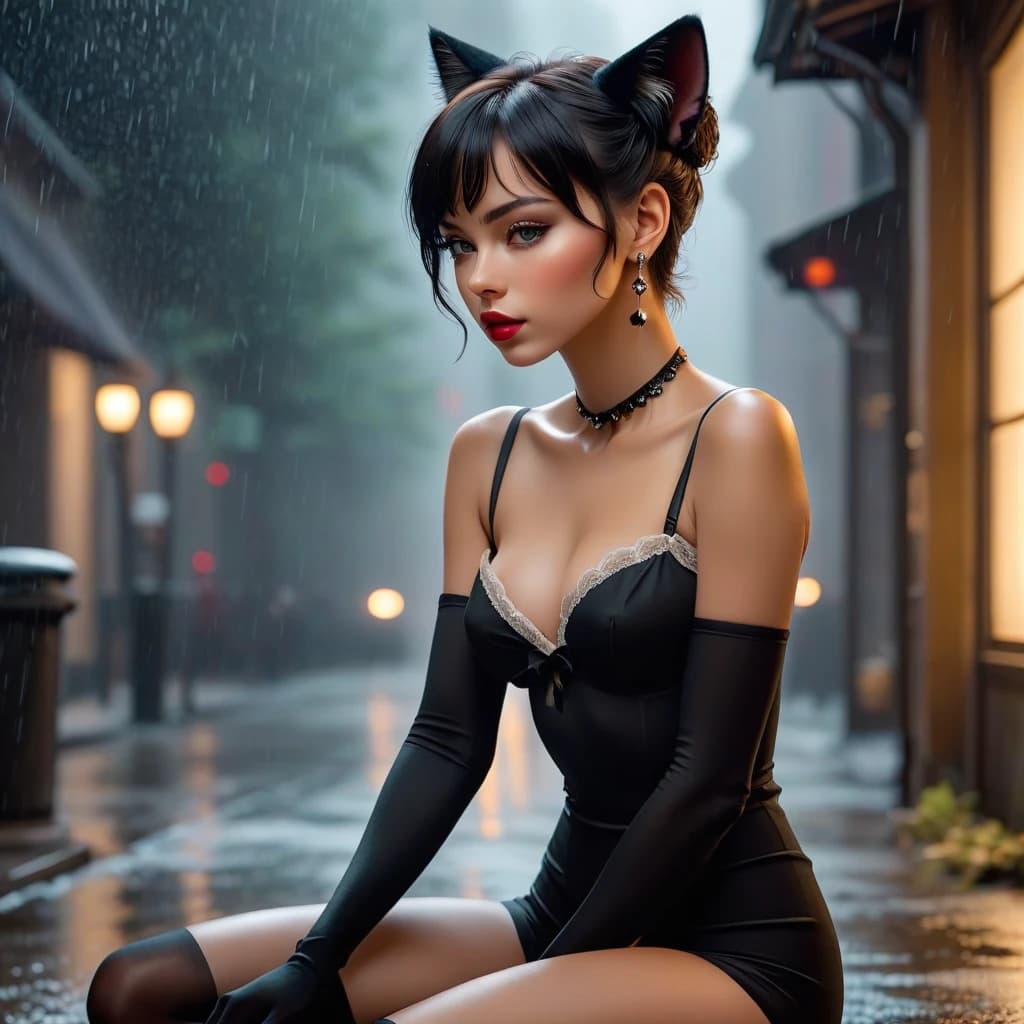 art by Diego Dayer, photograph, Art by Egon Schiele, 4K, young humanoid cat, negligee, very beautiful, exposed breasts, kneeling, short hair, black straight bangs, outside, night, rain, full body, eyes closed, mouth slightly open, long earrings, stockings with garters, lust, lots of details, highly detailed image, photorealism, provocative, black stockings, exposed breasts, sweet girl, fashion model, beautiful body, pleasant pain, sweet moan, breathing fast, anguish, very beautiful