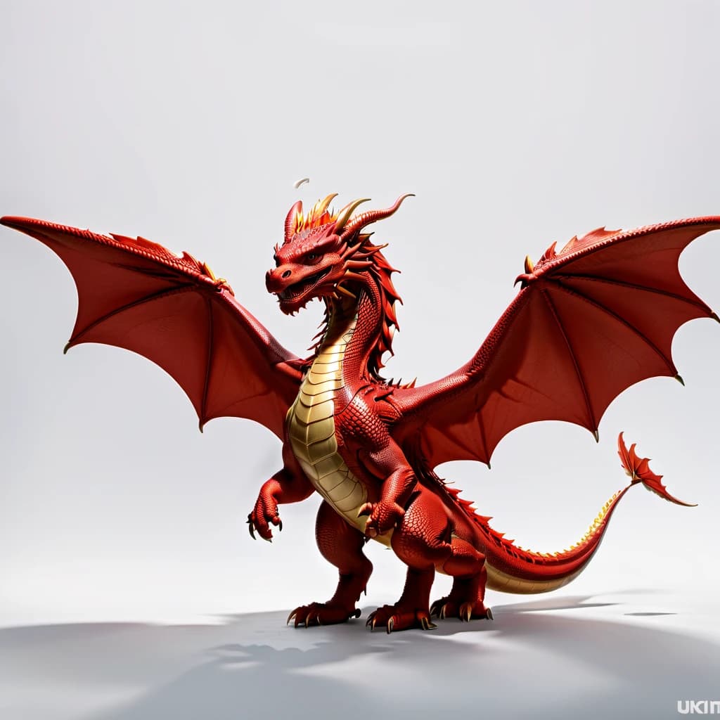 Full-length 3D dragon, pixar style, dragon in 3/4 turn, red dragon, with wings, dragon soars in the air, dragon looks into the camera, fire escapes from the dragon's mouth, painted scales on the dragon's skin, funny facial expressions, minimalism, direct soft light, contoured red light