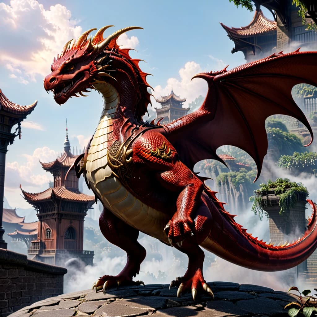 full-length 3D dragon, pixar style, 3/4 turn dragon, red dragon, with wings, dragon soars in the air, dragon looks into the camera, fire escapes from the dragon's mouth, painted scales on the dragon's skin, cheerful facial expressions,