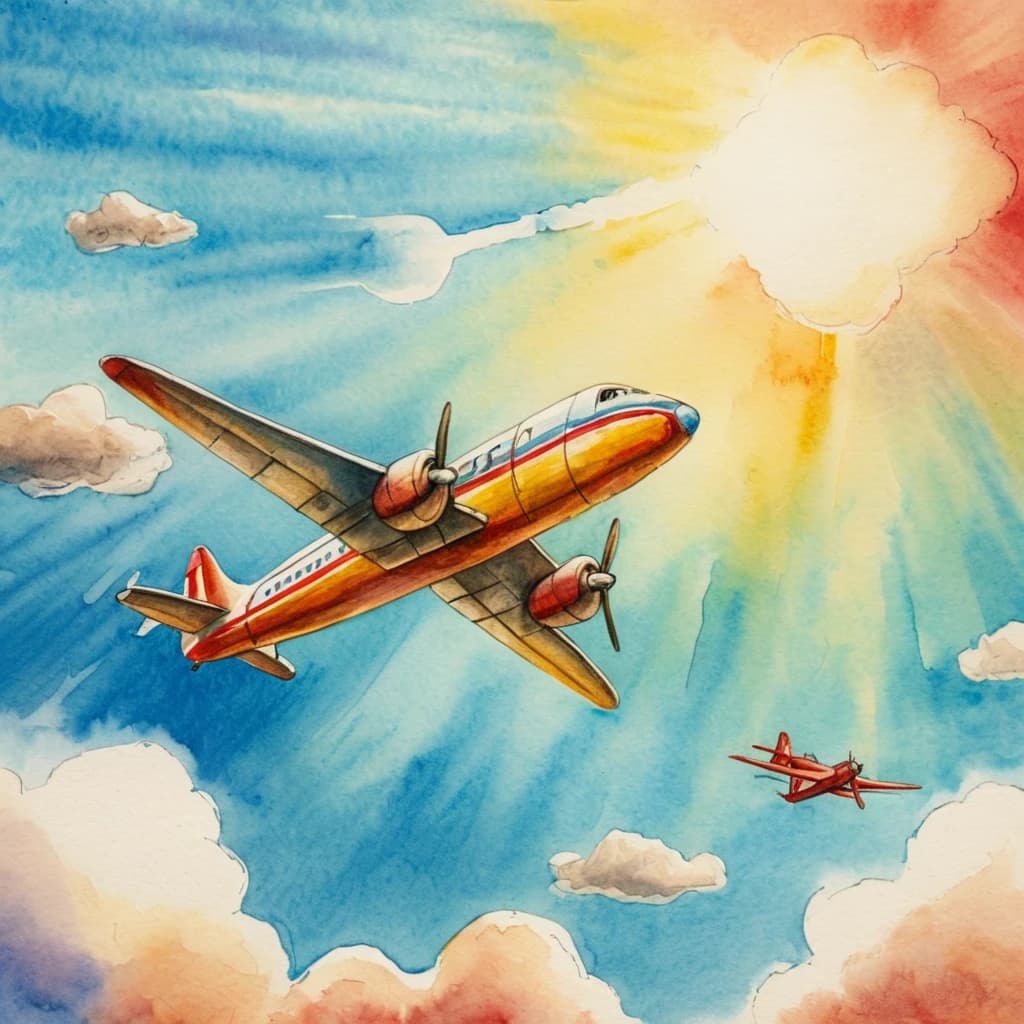 a children's drawing in a pencil colored style, an airplane flies across the sky