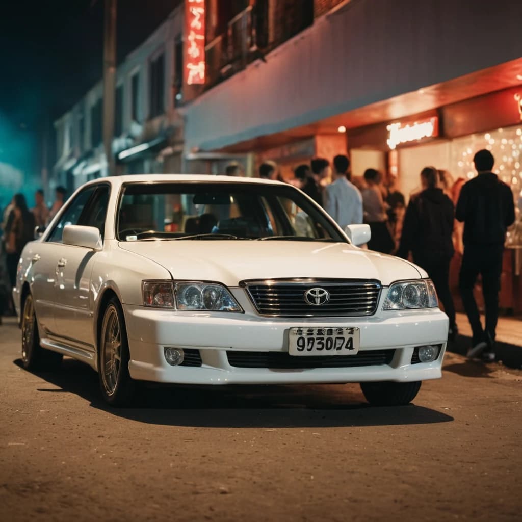Белая машина Toyota chaser на фоне ночного клуба, много людей пьют алкоголь, в машина парень и девушка смотрят друг на друга