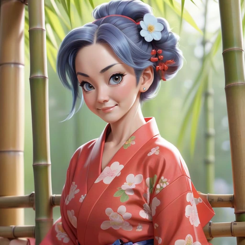masterpiece, best quality, a mature sexy woman in shine red yukata posing in front of bamboo rails, 1girl, solo, japanese clothes, yukata, tied-up hairstyle, floral hair ornament, smile,mature woman, sales lady, blue hair, wavy hair, ponytail, medium breasts, long-slitted and narrow eyes, brown eyes, slender face,