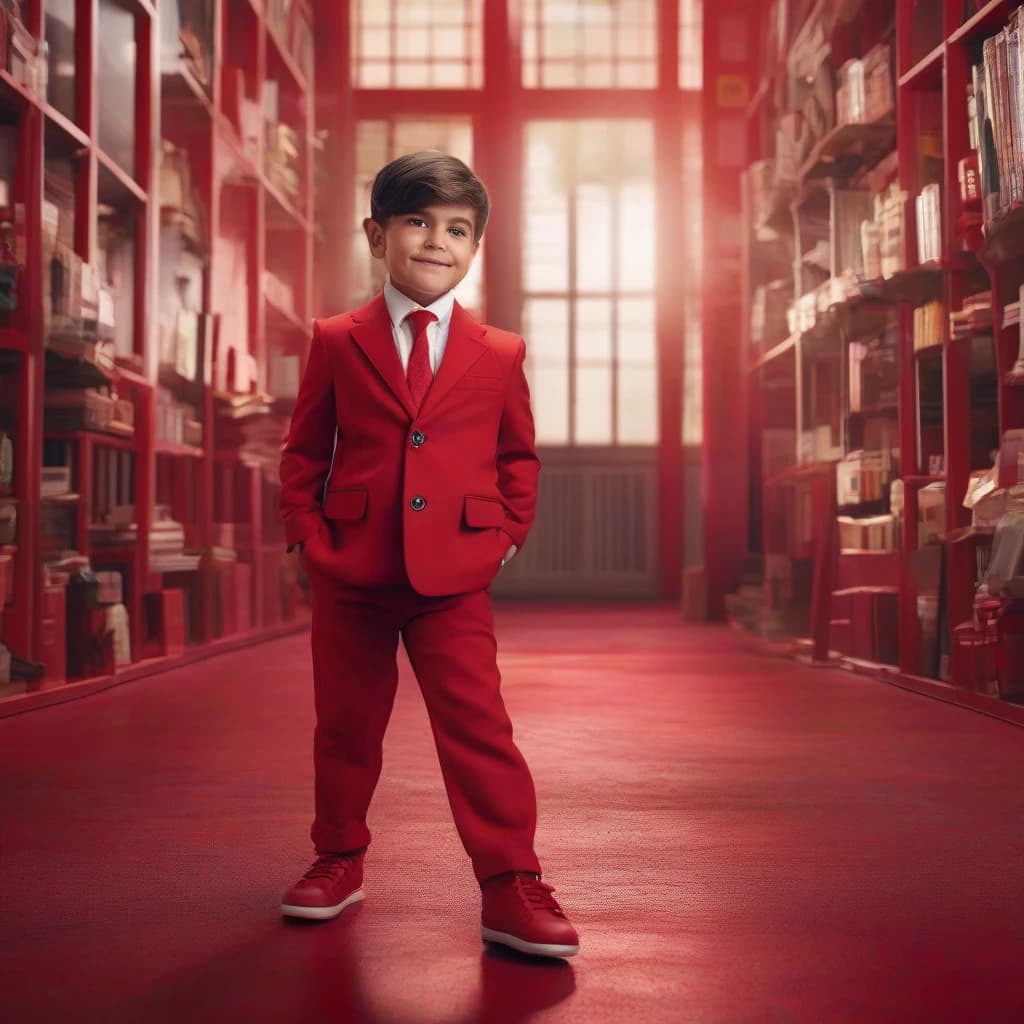 Photorealistic image, full-length preschool boy, wearing a red business suit, red shoes, hands in pockets, on the background of a red office
