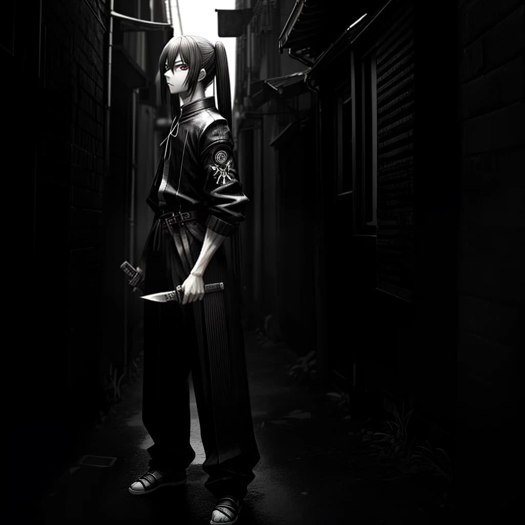 An anime standing around the corner with a full-length knife in the center of the frame