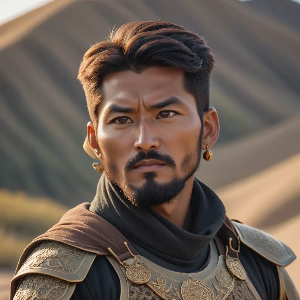 A Kyrgyz hero in national armored clothing stands on top of a dune during sunrise. Male hero, 30-35 years old. Black hair with a beard, courageous and self-confident. There is a large hood on the head. The hero is of Kyrgyz nationality. The hero’s clothes have Kyrgyz national patterns. The hero looks at us intently.