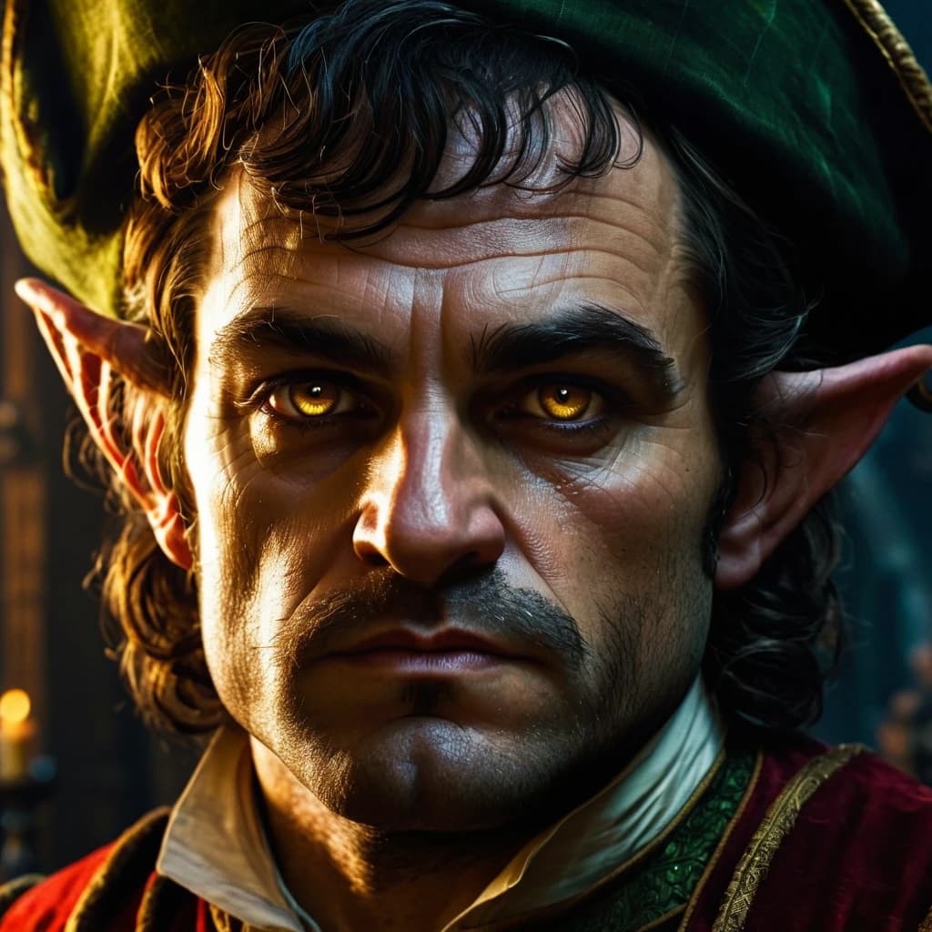 Create an image in a waist-up perspective of a wealthy crime baron: a large, well-fed halfling with a square jaw and cold, steel-like eyes. He resembles a prosperous merchant involved in shady dealings, similar to the baron from The Witcher 3, set in a dark fantasy environment. Focus on facial details and expression conveying cunning and shrewdness, in a dark fantasy art style.