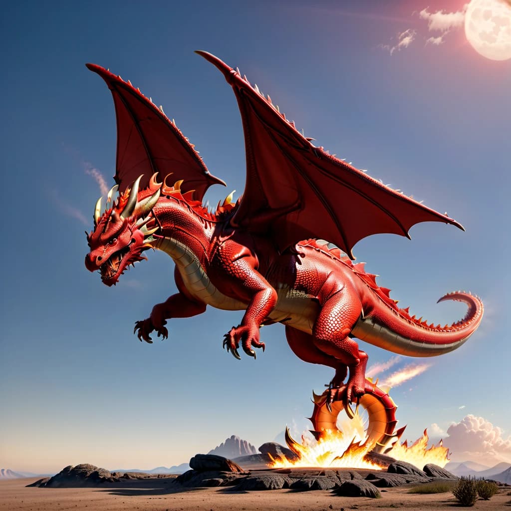 Full-length 3D dragon, pixar style, dragon illumination from all sides, dragon in a 3/4 turn, red dragon, with wings, dragon soars in the air, dragon looks into the camera, fire bursts out of the dragon's mouth, painted scales on the dragon's skin, funny facial expressions, minimalism, direct soft light, outlined in red light.