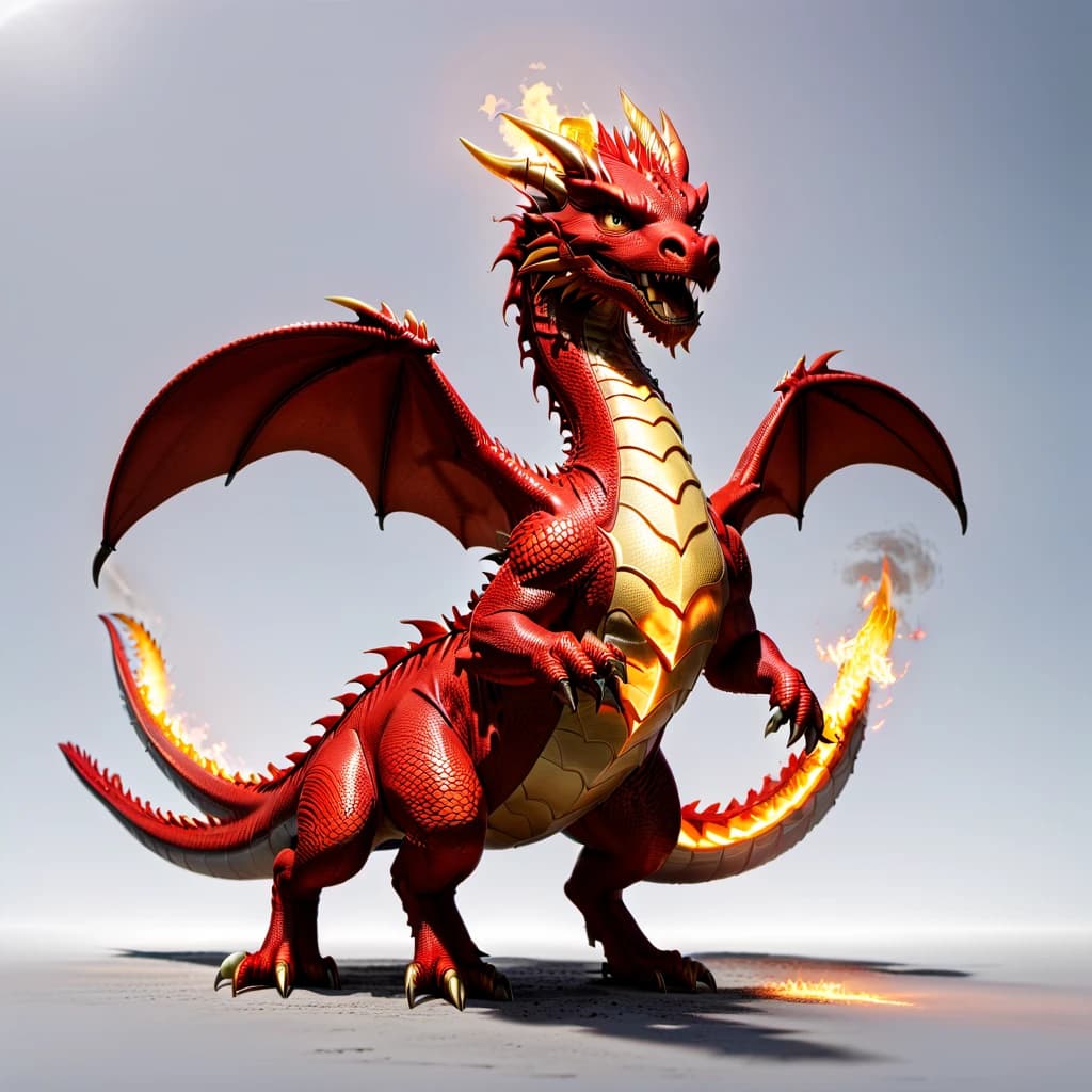 Full-length 3D dragon, pixar style, dragon illumination from all sides, dragon in a 3/4 turn, red dragon, with wings, dragon soars in the air, dragon looks into the camera, fire bursts out of the dragon's mouth, painted scales on the dragon's skin, funny facial expressions, minimalism, direct soft light, outlined in red light.