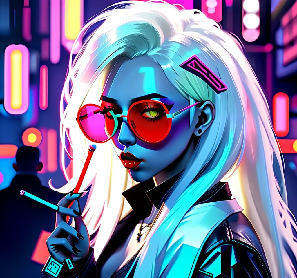 woman, with a lollipop in her lips, brightly colored makeup, long straight white hair, pointy glasses on her face