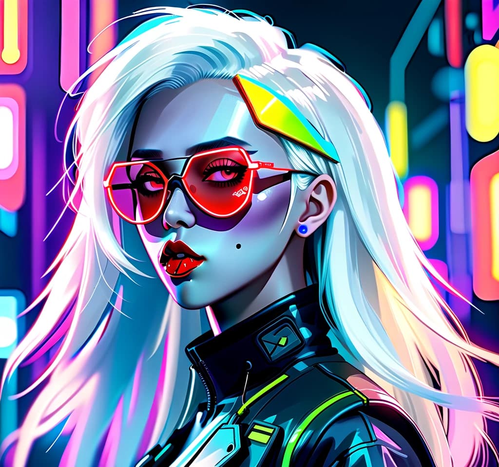 woman, with a lollipop in her lips, brightly colored makeup, long straight white hair, pointy glasses on her face