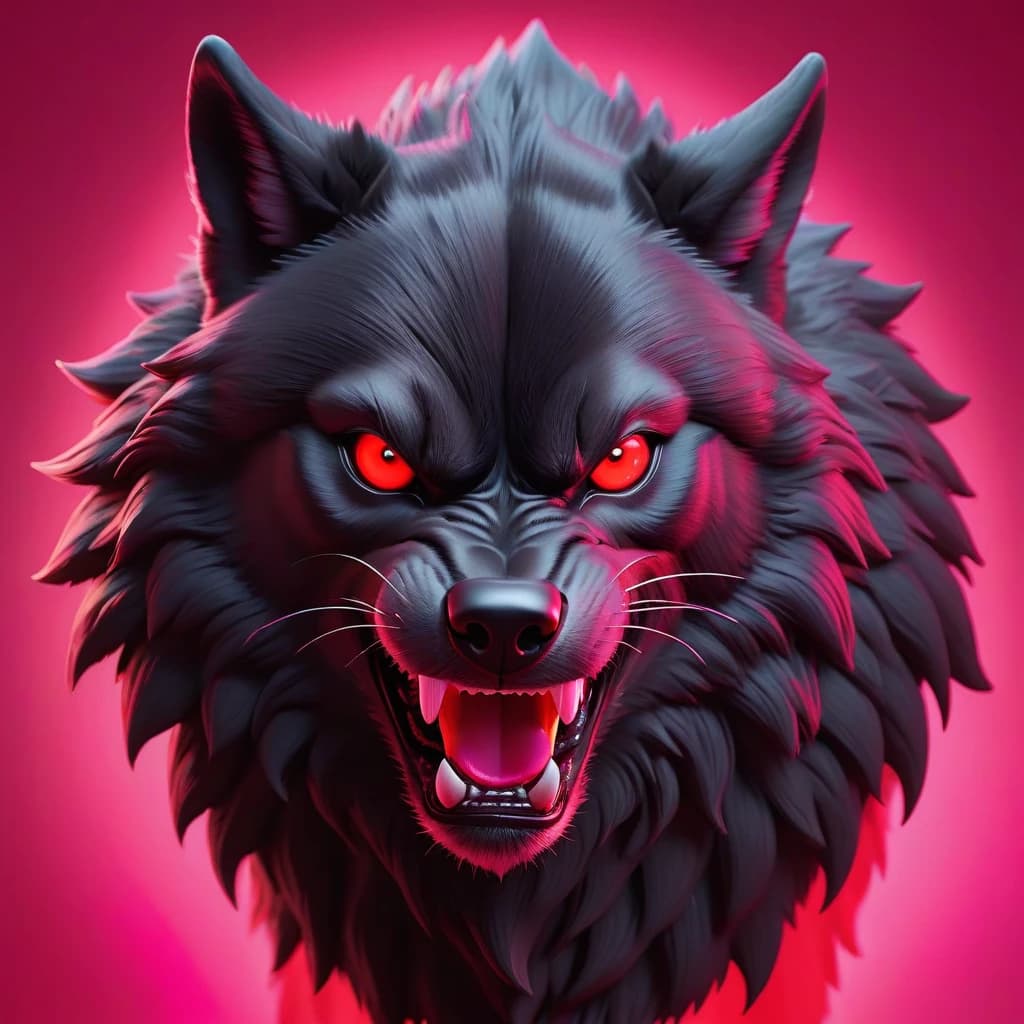 painted bold stylized head of a black growling wolf in motion with red eyes on a bright pink-red neon  background