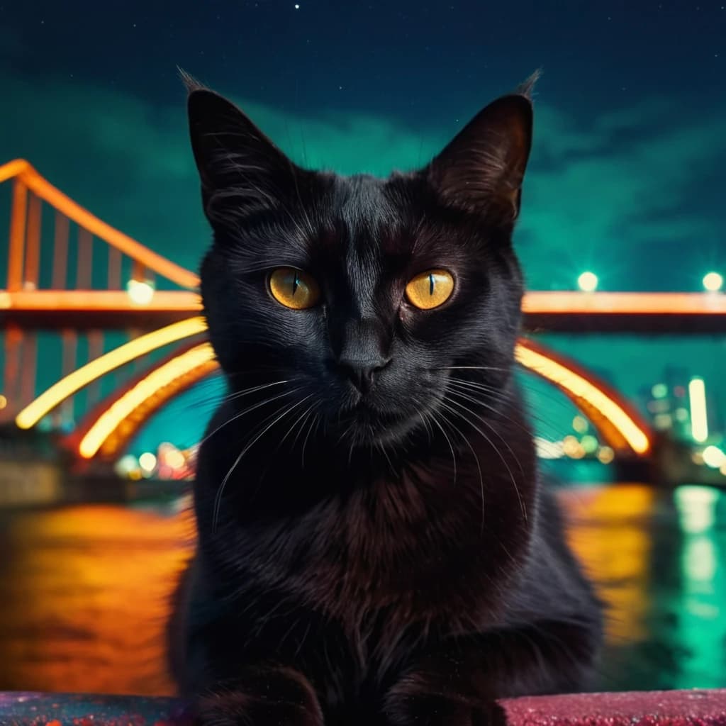 Чёрный кот курит сигарету и смотрит на ночной красочный городской мост спиной ко мне