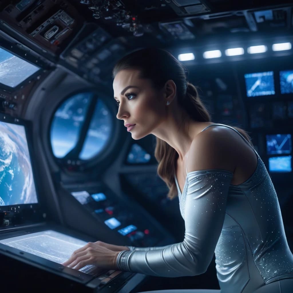 красивая фигуристая русская космонавтка смотрит из космического аппарат иллюминатора на землю