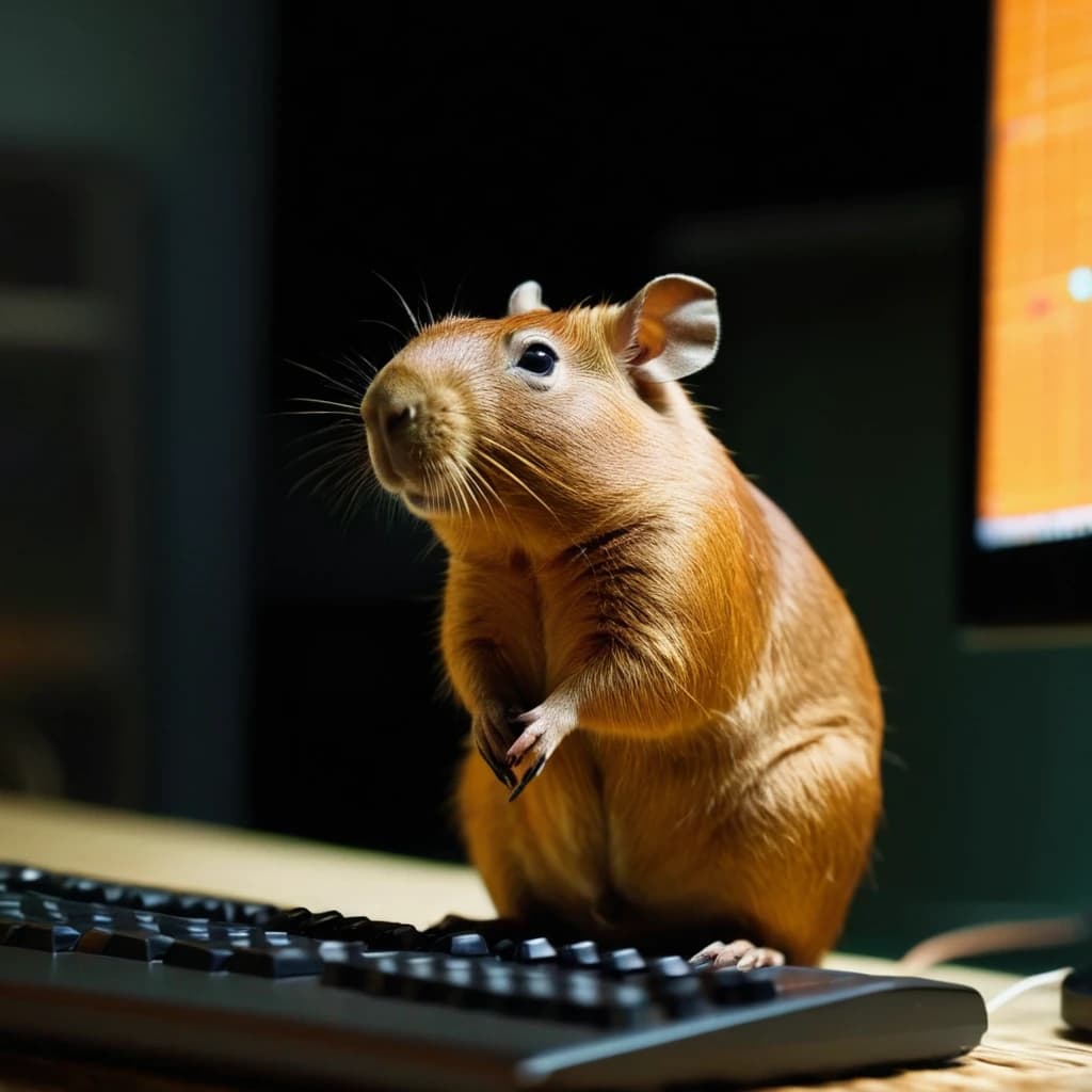 capibara looks like human sit on a computer and write a music in fl studio