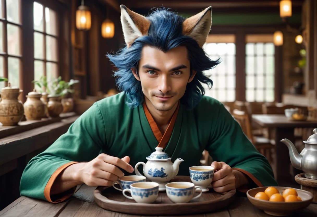 (1cunning man, human face)++, slim, in action+, looking at camera, striangle face, neat dark blue hair, green eyes, cunning and greedy sight, tricky smile, traditional green chinise clothes, tray with cups of the tea in hands, (hairy fox ears on head)+, day, cafe, 4k quality, ultra details.