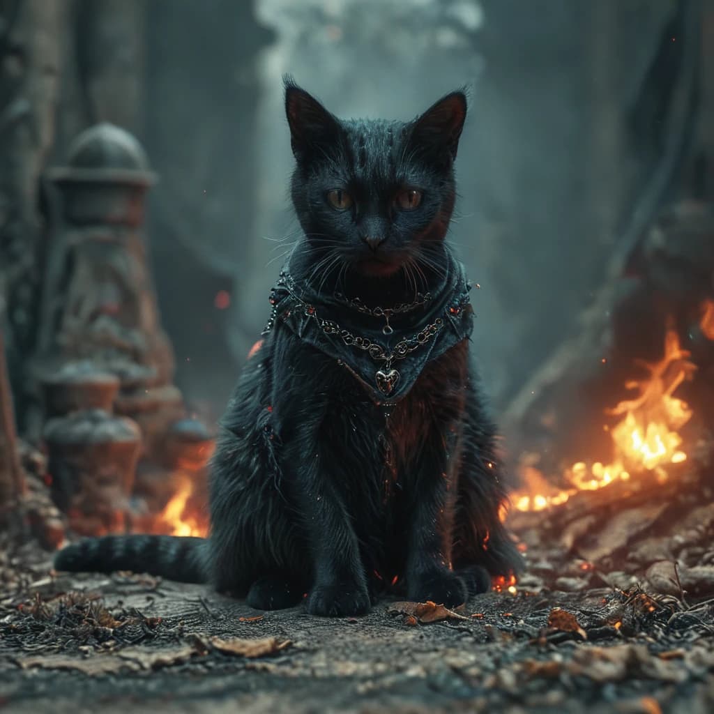 The one-eyed Cyclops Cat is sitting on the ground 
Dark Fantasy 
A gloomy picture