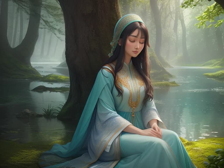 image made in soft blue and green colors to create a peaceful and contemplative atmosphere, which depicts a meditating girl in a white cloak with gold embroidery, sitting under a tree in a forest clearing, near a reflecting lake and soft light falling on the silhouette of the girl