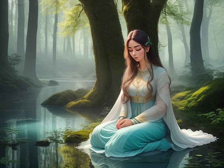 image made in soft blue and green colors to create a peaceful and contemplative atmosphere, which depicts a meditating girl in a white cloak with gold embroidery, sitting under a tree in a forest clearing, near a reflecting lake and soft light falling on the silhouette of the girl