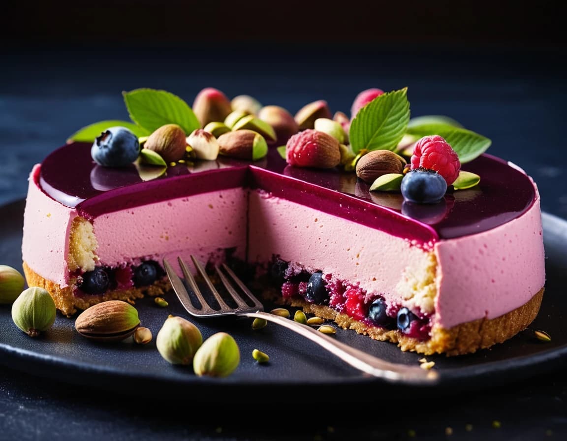 The photo shows 4 pieces of raspberry and blueberry mousse cake on a black surface. The cakes are topped with pistachios and some have white chocolate. There is a silver fork in the bottom of the image. The pieces look delicious and the crumbs of pistachio and cake add to the composition. A few crumbs are scattered on the surface of the table. This is a close up view of the dessert.