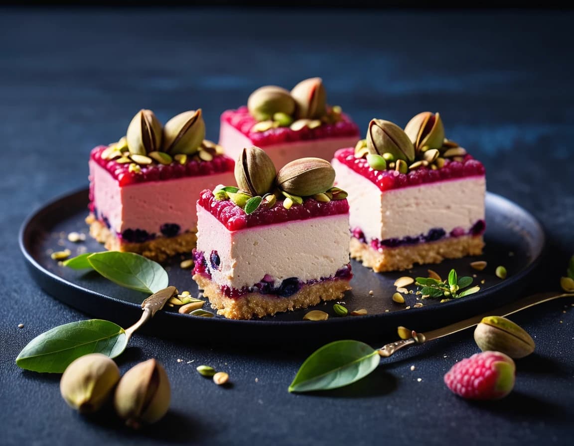 The photo shows 4 pieces of raspberry and blueberry mousse cake on a black surface. The cakes are topped with pistachios and some have white chocolate. There is a silver fork in the bottom of the image. The pieces look delicious and the crumbs of pistachio and cake add to the composition. A few crumbs are scattered on the surface of the table. This is a close up view of the dessert.