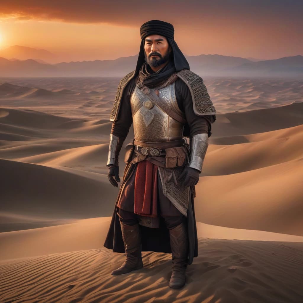A Kyrgyz hero in national armored clothing stands on top of a dune during sunrise. Male hero, 30-35 years old. Black hair with a beard, courageous and self-confident. There is a large hood on the head. The hero is of Kyrgyz nationality. The hero’s clothes have Kyrgyz national patterns. The hero looks at us intently.