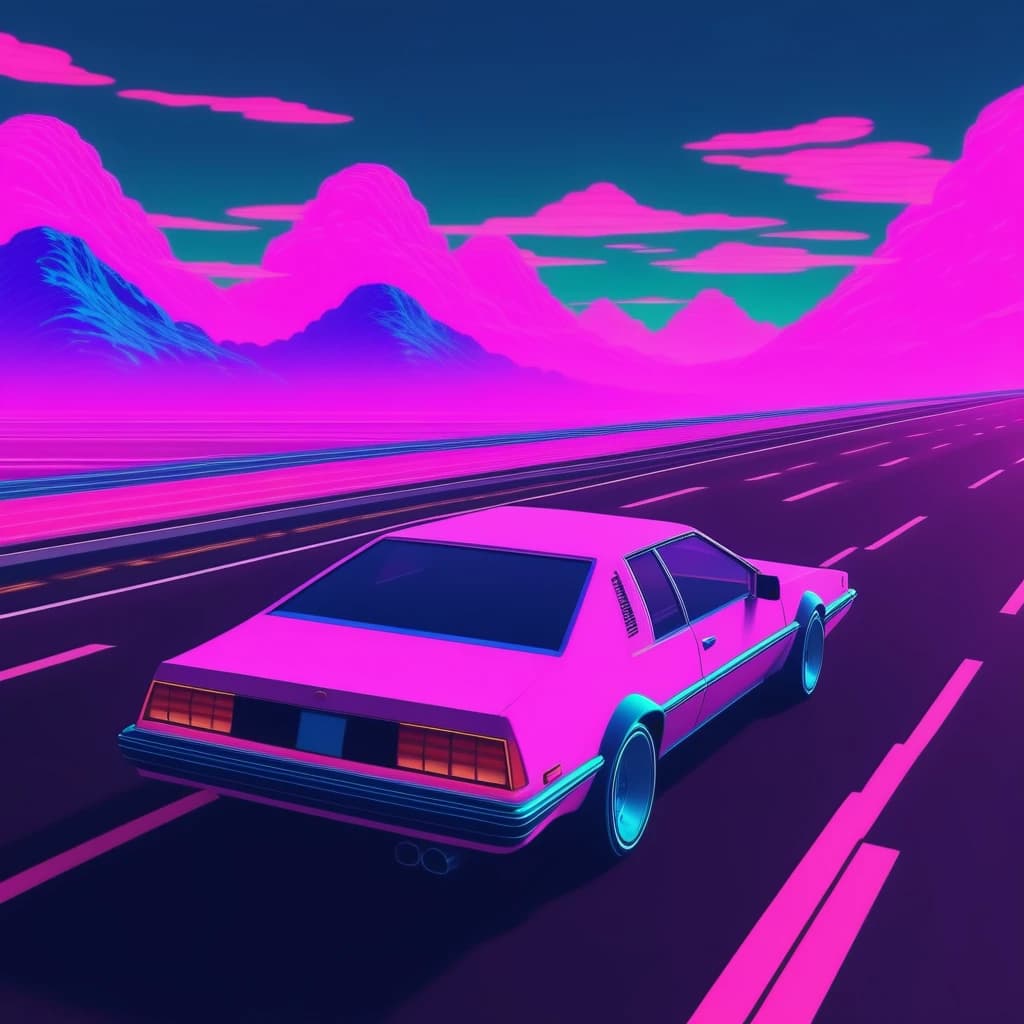 Автомобиль едет по трассе и всё это в стиле retrowave и vaporwave