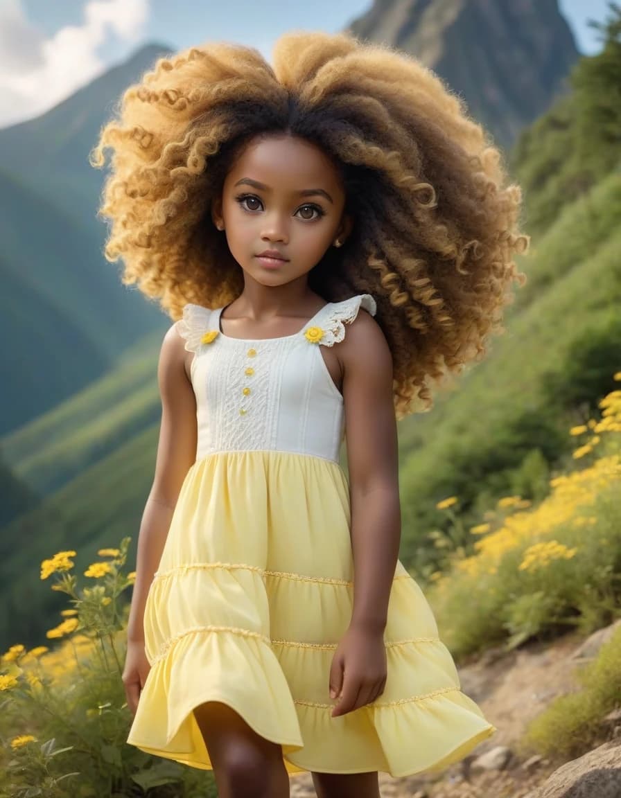 Super realistic photo, mountain background, white little girl in yellow colored sundress, long afro curls