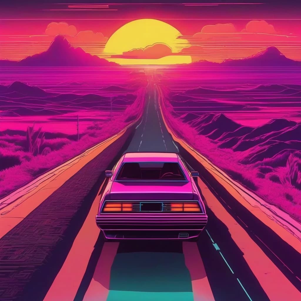 Легковой автомобиль едет по трассе и солнце садится, всё в стиле retrowave и synthwave