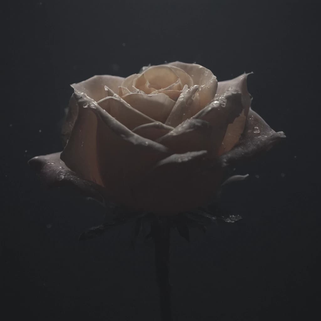 ASCII  Masterpiece, (cosy), (ultra high res, mj,best quality,highly detailed:1.5),(cinematic),(volumetric lighting, volumetric shadows:1.5),Amazing, (8k details),(photorealistic:1.4), (warm lighting,ray tracing,dynamic lighting:1.5),
a black rose up close illuminated by divine grace radiated with ancestral light on a rainy day