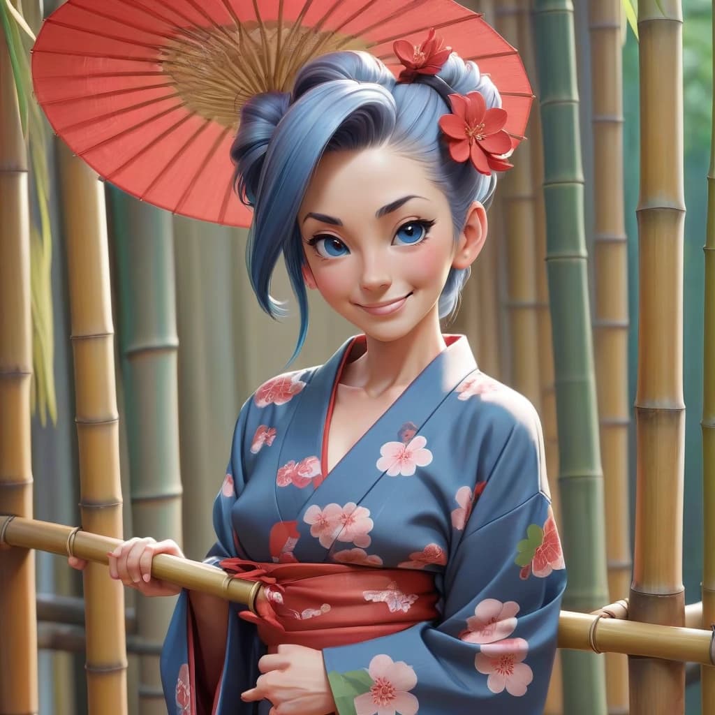 masterpiece, best quality, a mature sexy woman in shine red yukata posing in front of bamboo rails, 1girl, solo, japanese clothes, yukata, tied-up hairstyle, floral hair ornament, smile,mature woman, sales lady, blue hair, wavy hair, ponytail, medium breasts, long-slitted and narrow eyes, brown eyes, slender face,