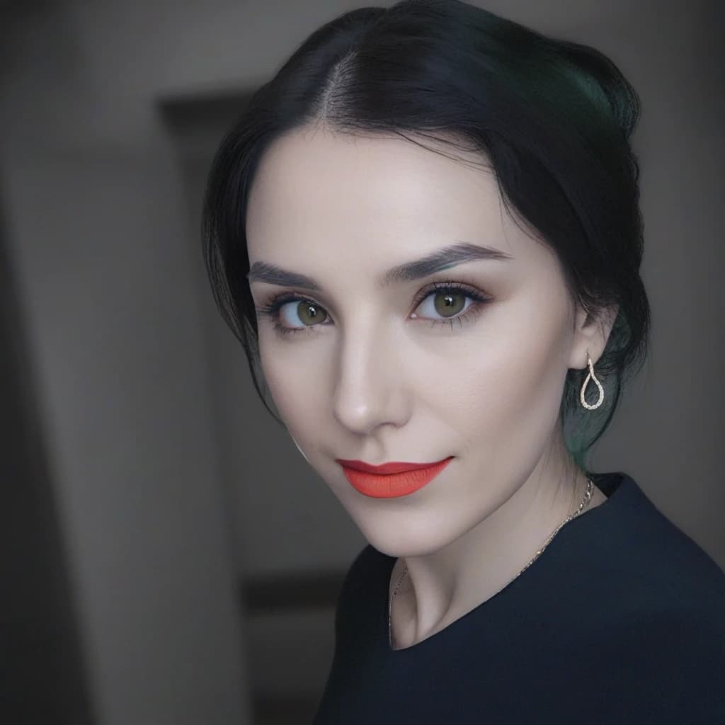 a woman with a green sweater and bright orange lipstick