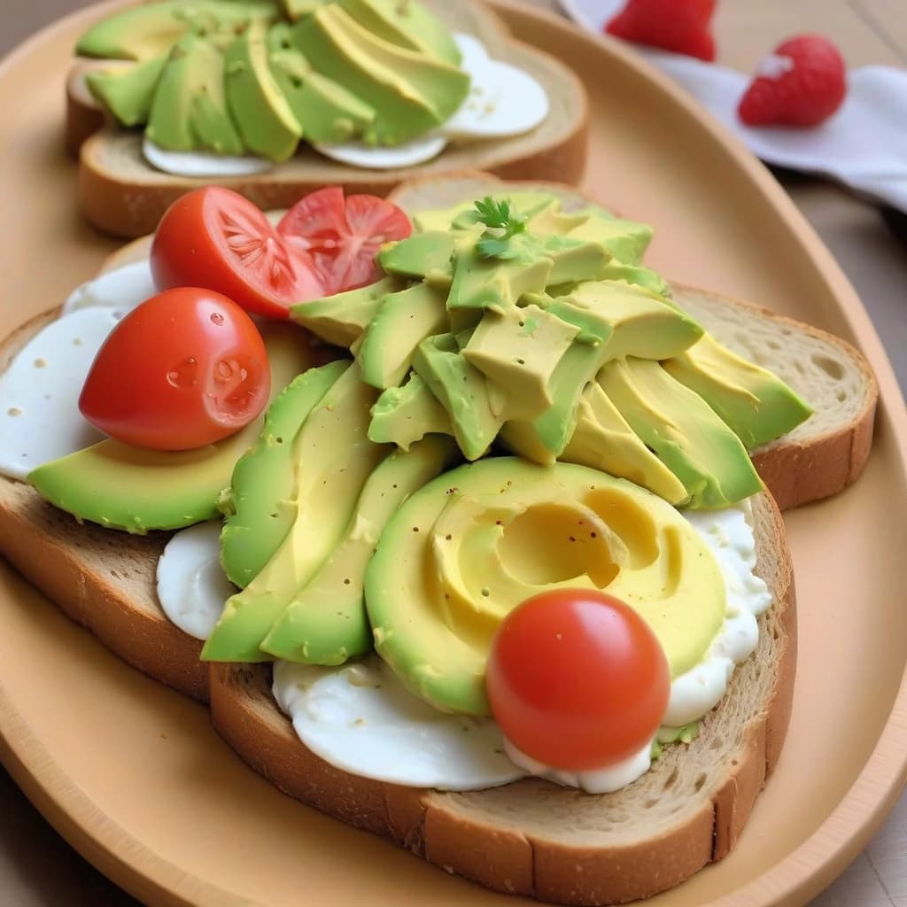 Romantic breakfast for lovers: crispy avocado toast with slices of strawberries and red fish, cream cheese and cocoa. Juicy, bright colors Photorealism, hyper-detailing, macro photography
