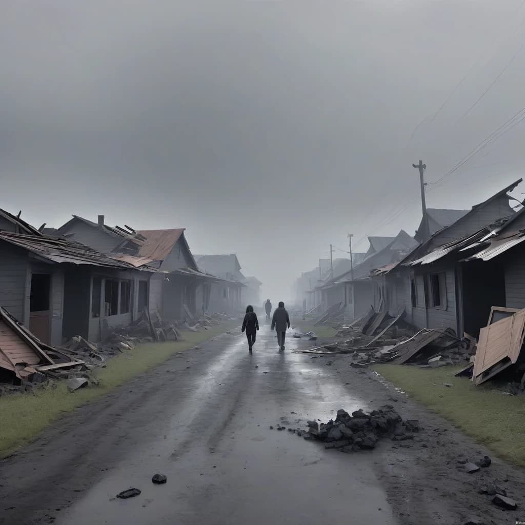 Туман кругом, везде разрушеные дома,  люди в черном