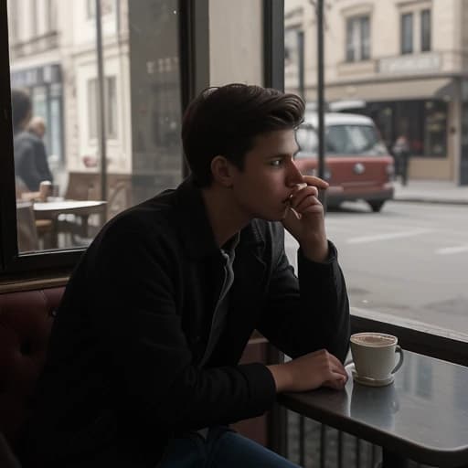 a young guy is sitting and looking at the street from a cafe, he is smoking, a beautiful girl passes by the window