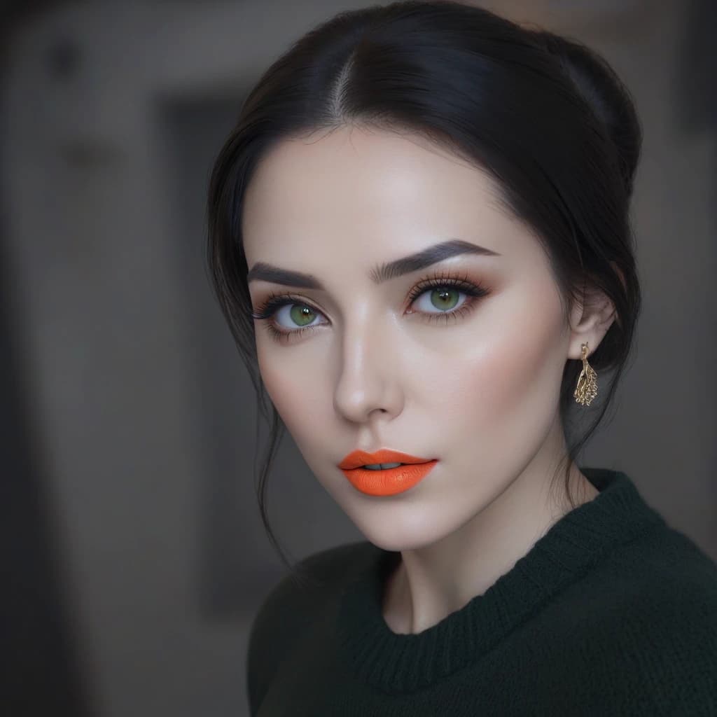 a woman with a green sweater and bright orange lipstick