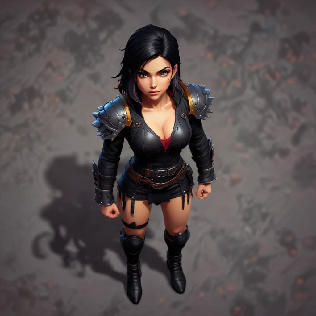 Top down RPG game, pixel art style, female character in a black leather battle dress with deep neckline, small character, vibrant colors, fantasy environment, action pose, game screenshot