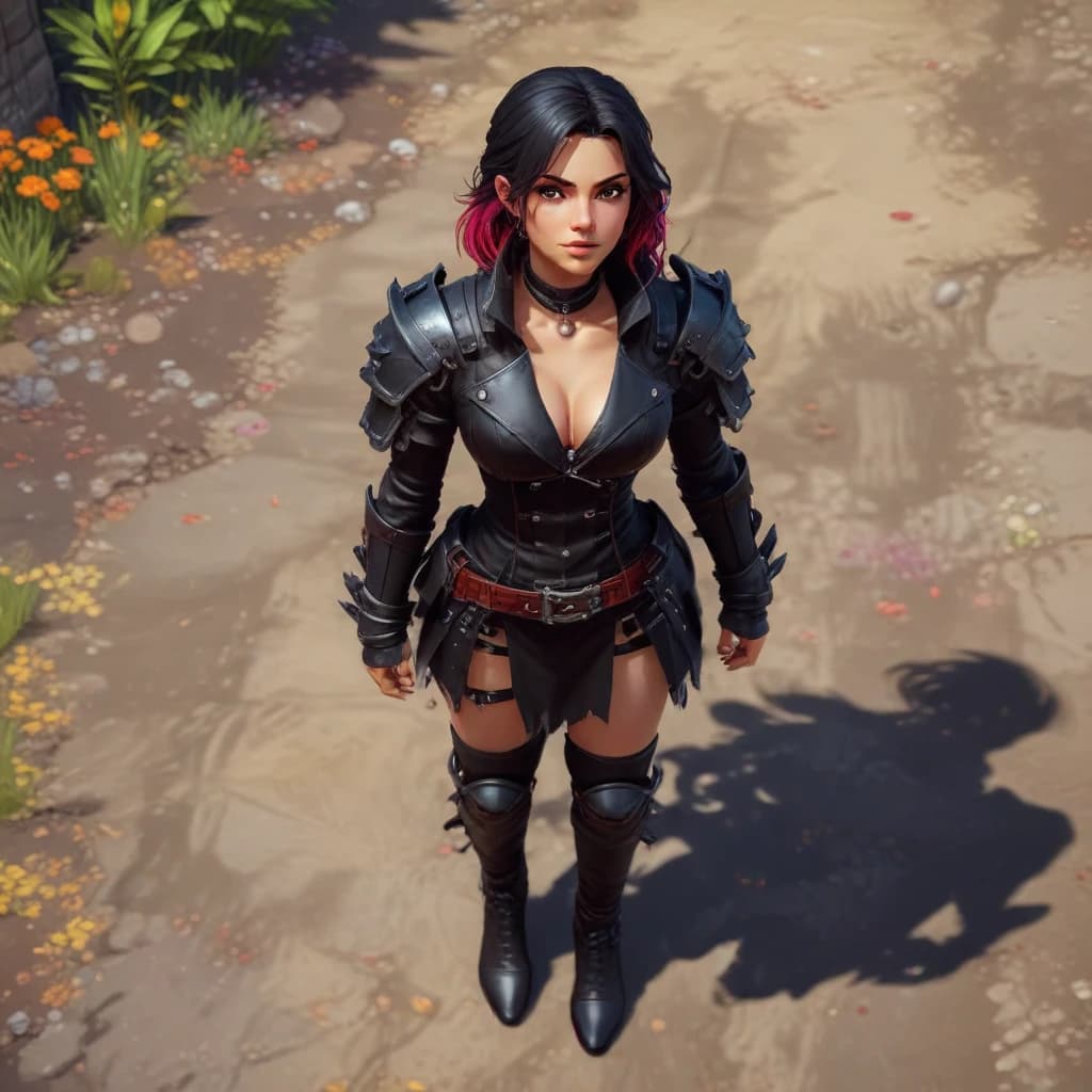 Top down RPG game, pixel art style, female character in a black leather battle dress with deep neckline, small character, vibrant colors, fantasy environment, action pose, game screenshot
