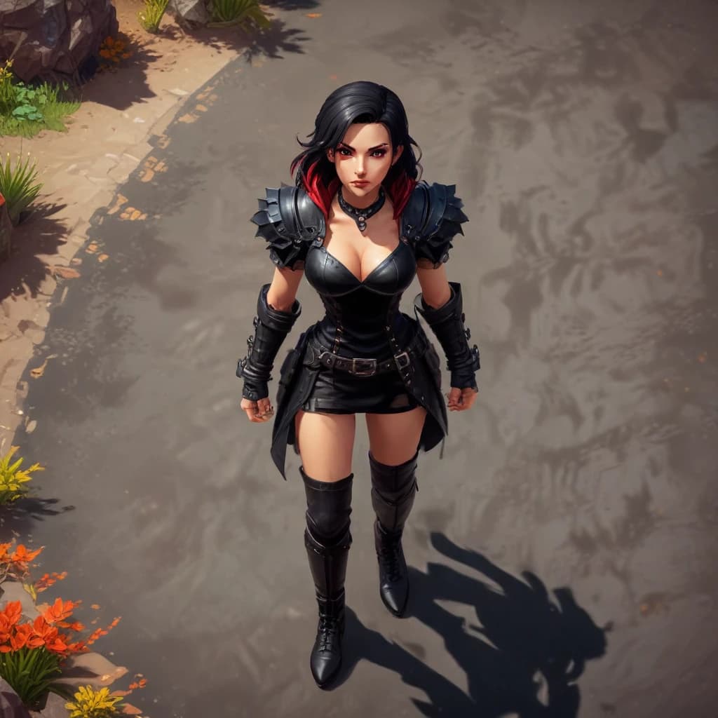 Top down RPG game, pixel art style, female character in a black leather battle dress with deep neckline, small character, vibrant colors, fantasy environment, action pose, game screenshot