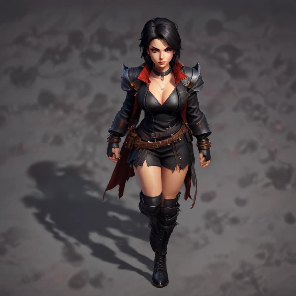Top down RPG game, pixel art style, female character in a black leather battle dress with deep neckline, small character, vibrant colors, fantasy environment, action pose, game screenshot
