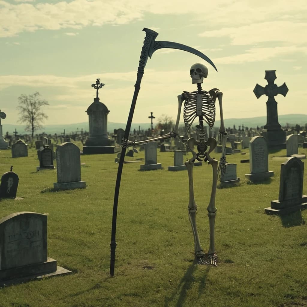 смерть в виде скелета с косой на кладбище , татуировка эскиз  Tim Burton мультяшный стиль