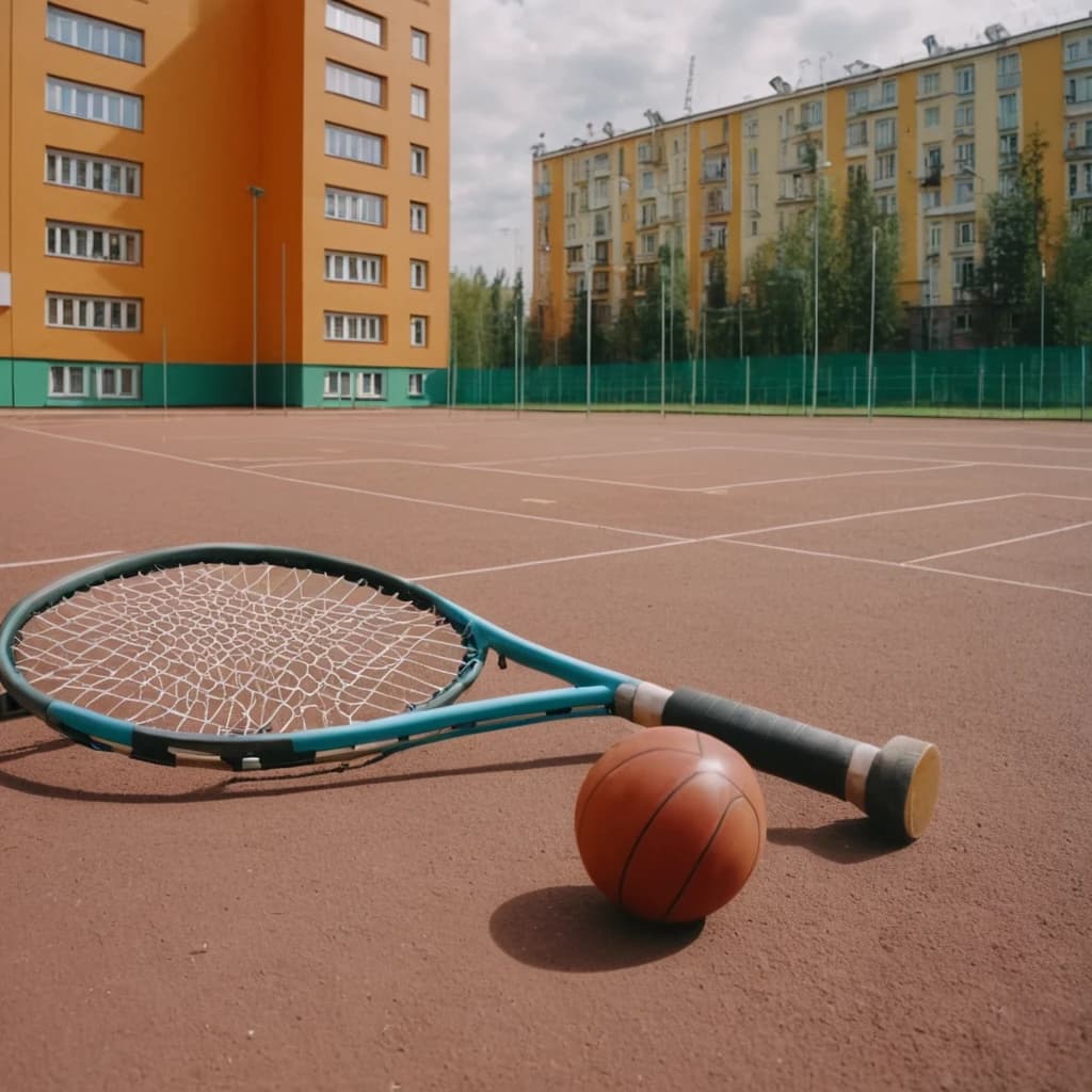 спортивная площадка с современным спортивным оборудованием на улице на территории нового жилого комплекса Москвы в стиле живой фотографии