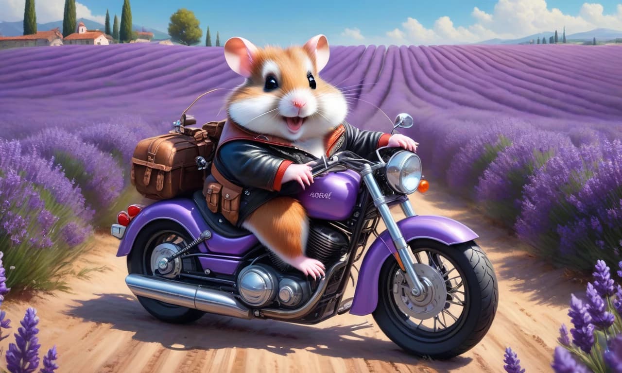 Толстый смешной hamster байкер на мотоцикле в наушниках  картина маслом,в стиле прованс на лавандовом поле,картина маслом